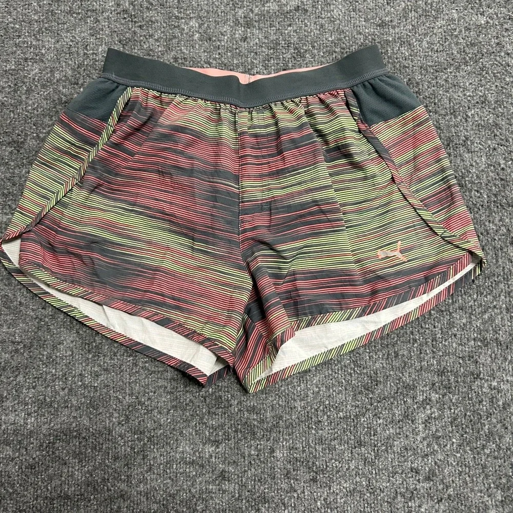 Puma Shorts Womens Size M Gray Pink Striped Athletic Running Gym Workout DryCell